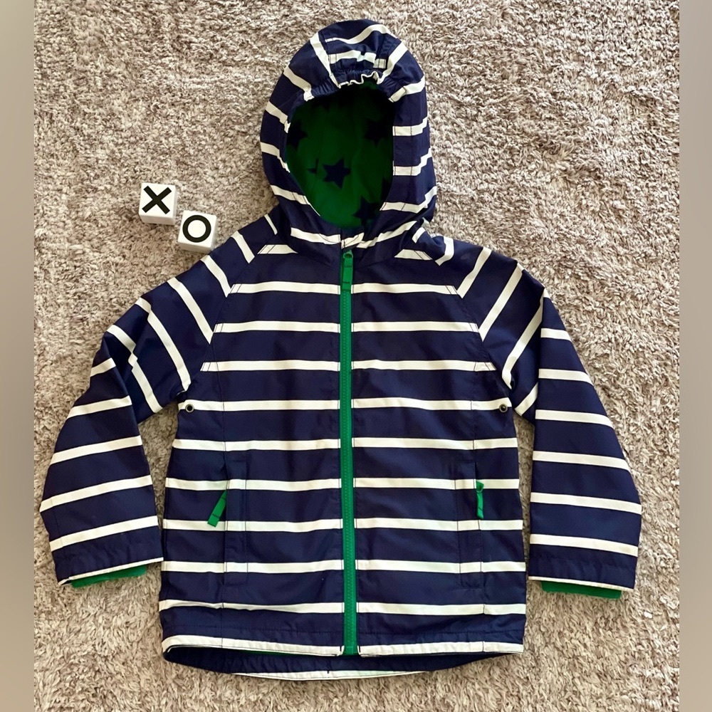 Mini Boden Navy & White Striped Hooded Rain Jacket